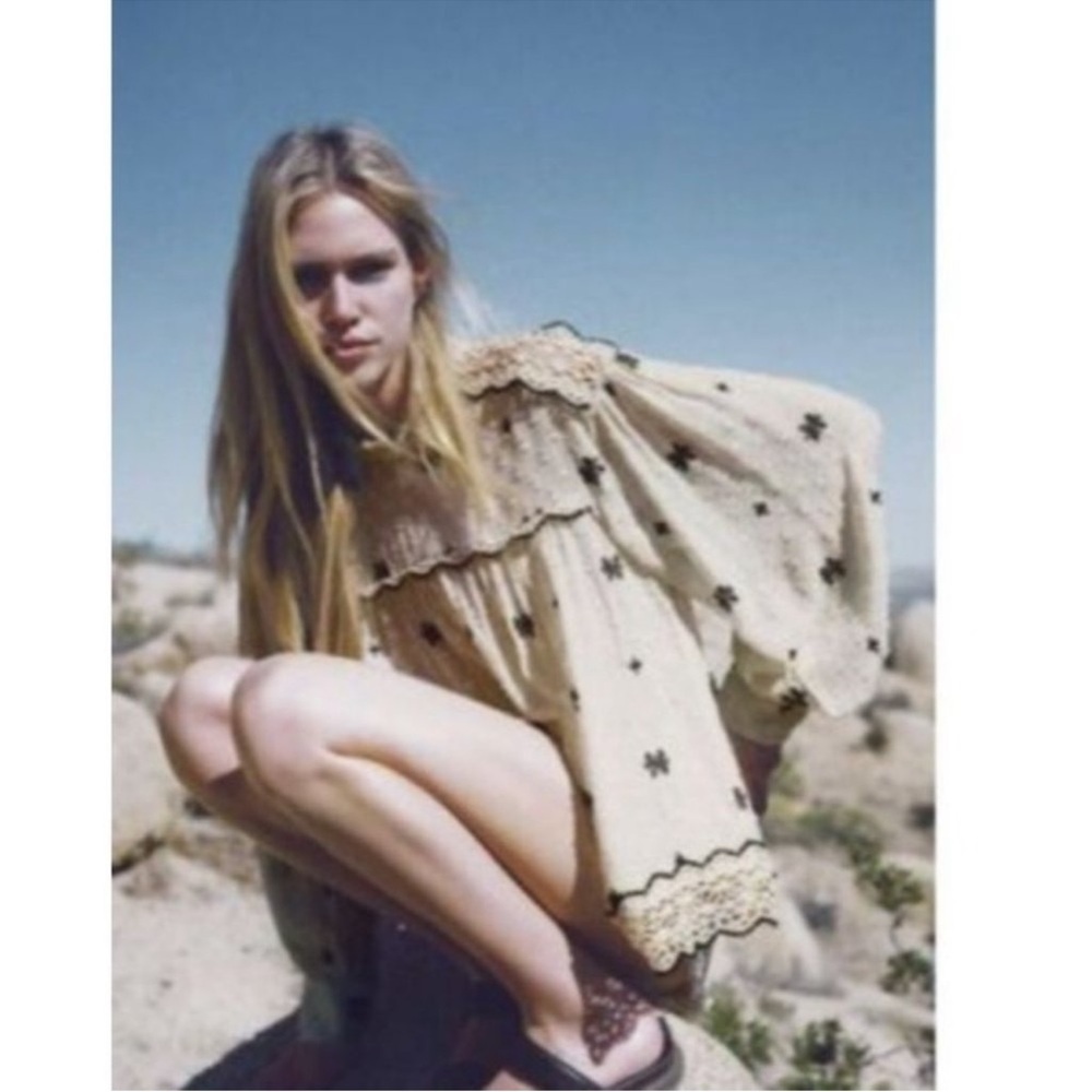 Zara Cream Embroidered Peasant Blouse with Black Accents - Picture 2 of 5